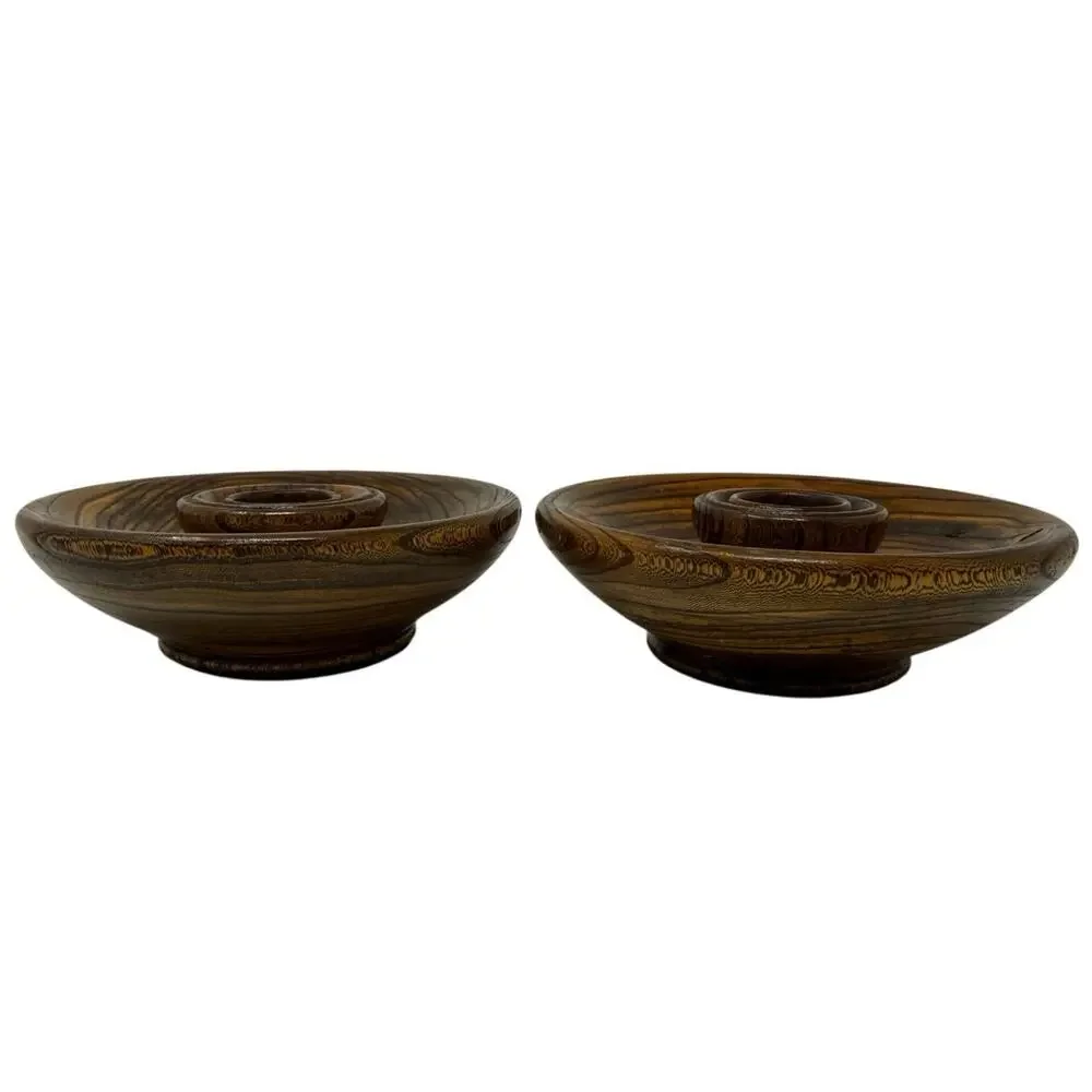 Vintage 60s Wooden Candle Holders Pair Sculptural MCM Decor